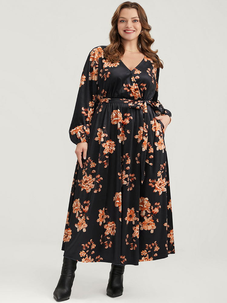 Floral Lantern Sleeve Belted Surplice Neck Velvet Maxi Dress