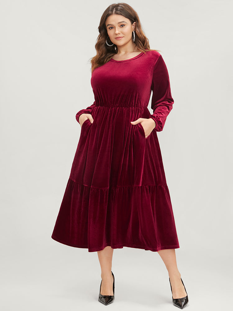 Solid Pocket Lantern Sleeve Velvet Flutter Dress