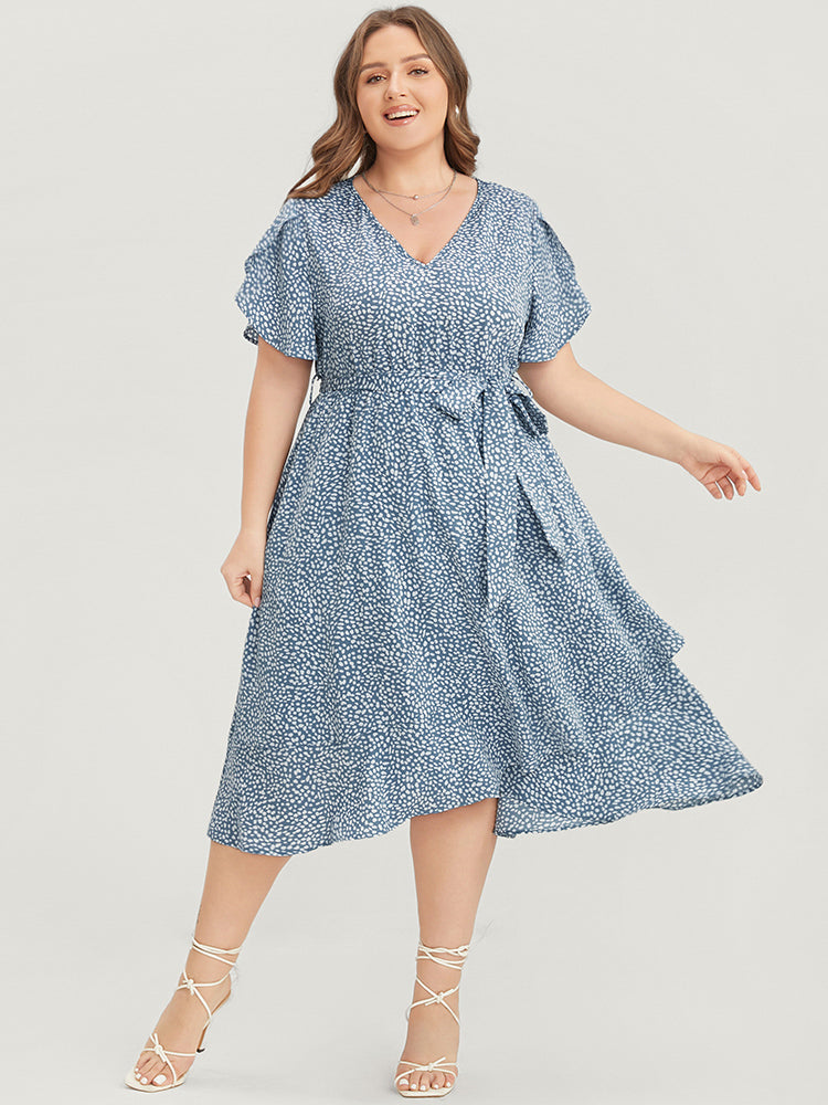 Polka Dot Split Sleeve Ruffle Pocket Belted Asymmetrical Hem Dress