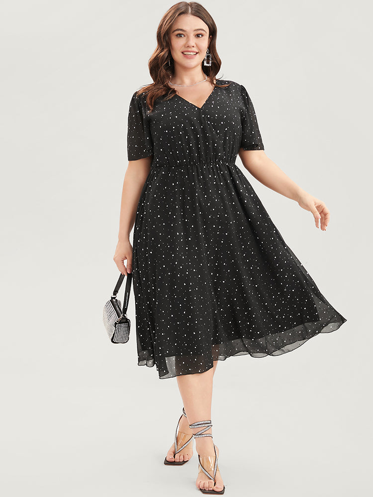 Polka Dot Surplice Neck Mesh Pocket Flutter Dress