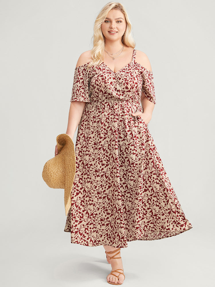 Ditsy Floral Cold Shoulder Pocket Wrap Flutter Dress