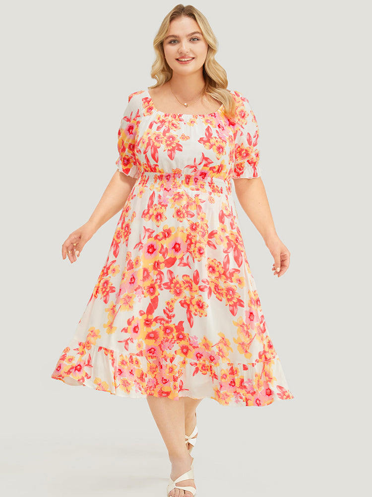 Floral Puff Sleeve Pocket Square Neck Shirred Dress