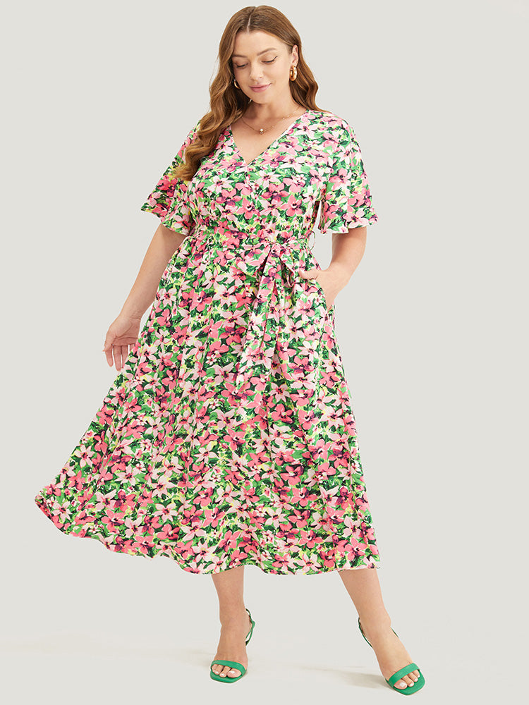 Floral Printed Ruffle Sleeve Pocket Surplice Neck Flutter Dress