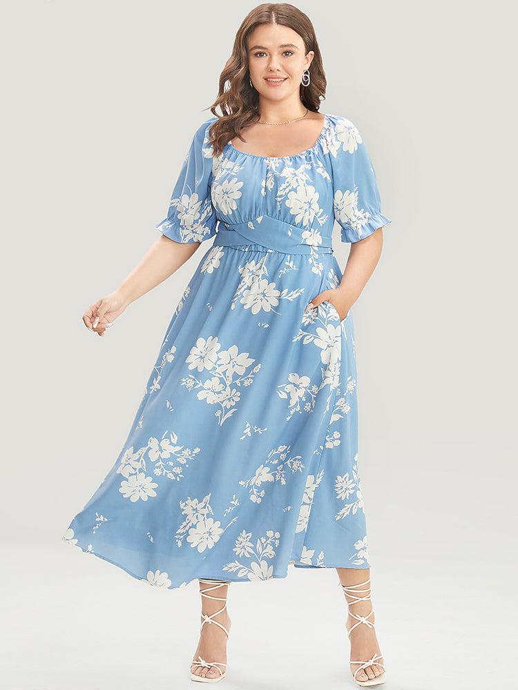 Floral Print Puff Sleeve Belted Square Neck Flutter Hem Dress