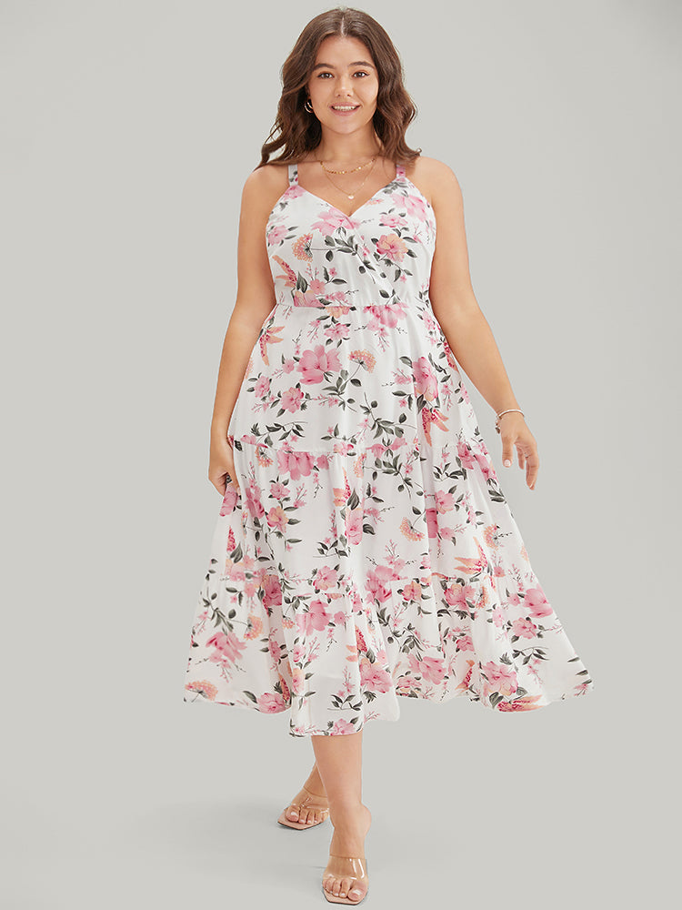 Floral Print Pocket Wrap Ruffle Tiered Spaghetti Strap Dress