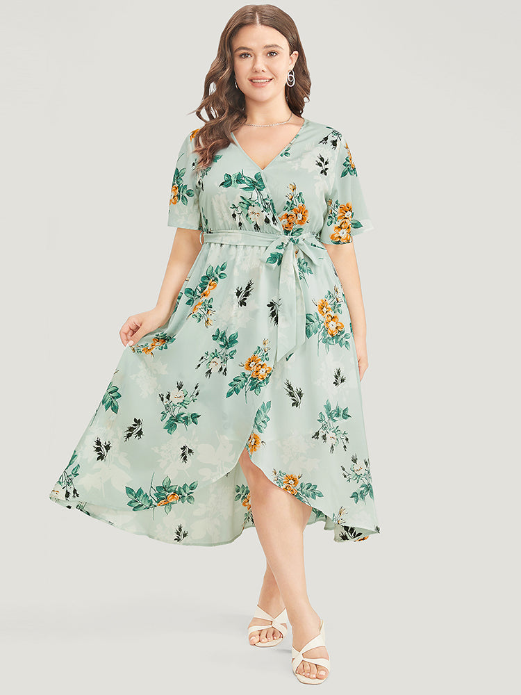 Floral Pocket Ruffle Sleeve Wrap Belt Asymmetrical Hem Dress