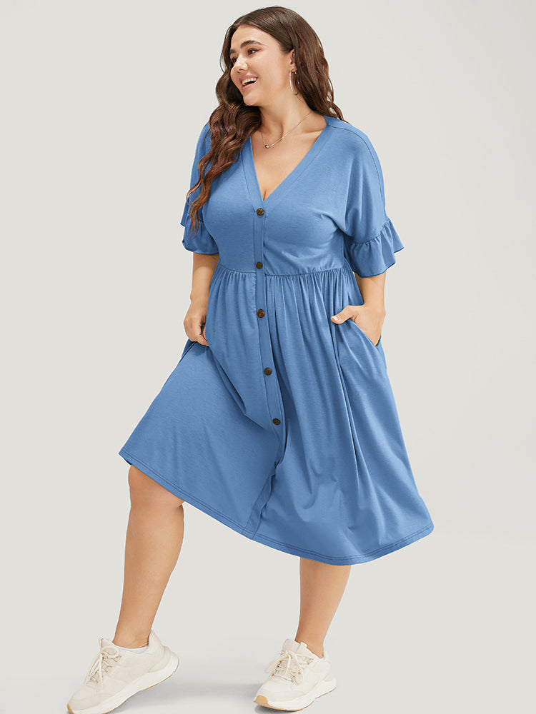 Solid Pocket Button Detail Ruffle Sleeve Midi Dress