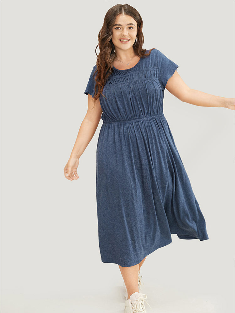 Plain Gathered Pocket Round Neck Ruffle Sleeve Dress