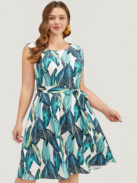 Tropical Print Pocket Belted Tank Dress