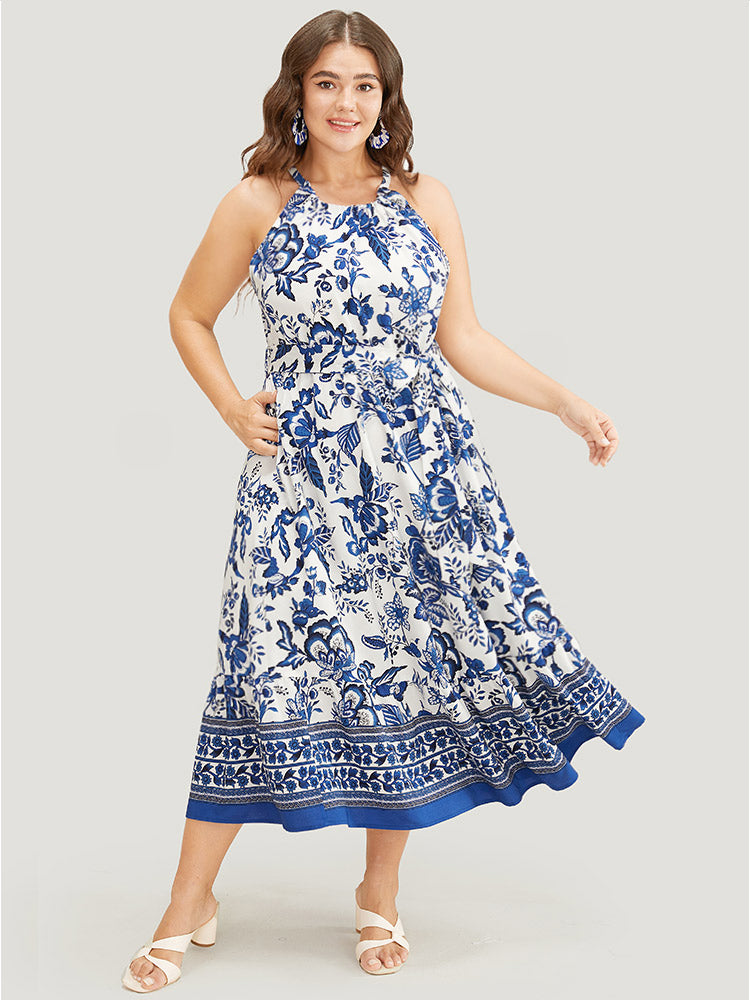 Bandana Print Knotted Flutter Hem Pocket Belted Halter Dress