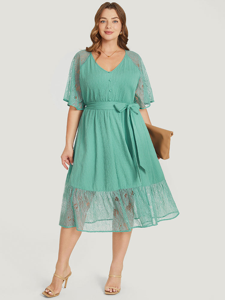 Plain Pocket Lace Raglan Sleeve Ruffle Belted Plisse Dress