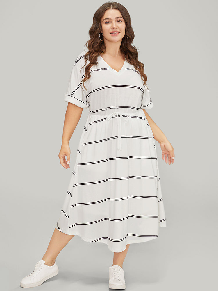 Striped Print Roll Batwing Sleeve Pocket Knot Dress