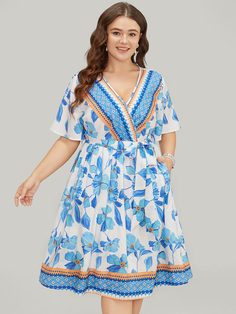 Bandana Print Ruffle Hem Belted Pocket Wrap Dress