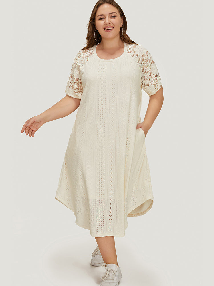 Plain Lace Sleeve Pocket Arc Hem Broderie Anglaise Dress