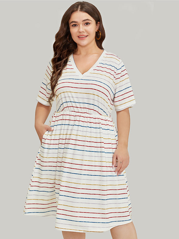 Rainbow Striped V Neck Pocket Contrast Midi Dress