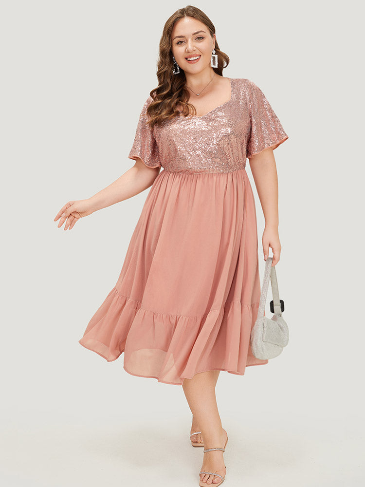 Sequin Patchwork Belted Flutter Hem Midi Dress