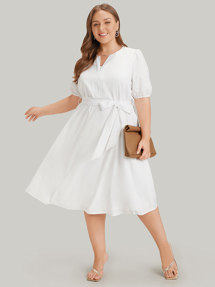 Anti-Wrinkle Solid Notched Pocket Belt Puff Sleeve Dress