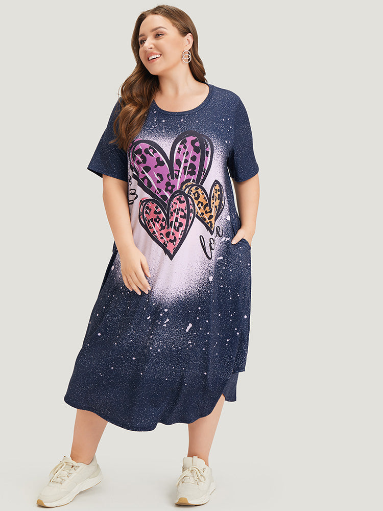 Leopard Heart Print Pocket Arc Hem Graphic Tee Dress