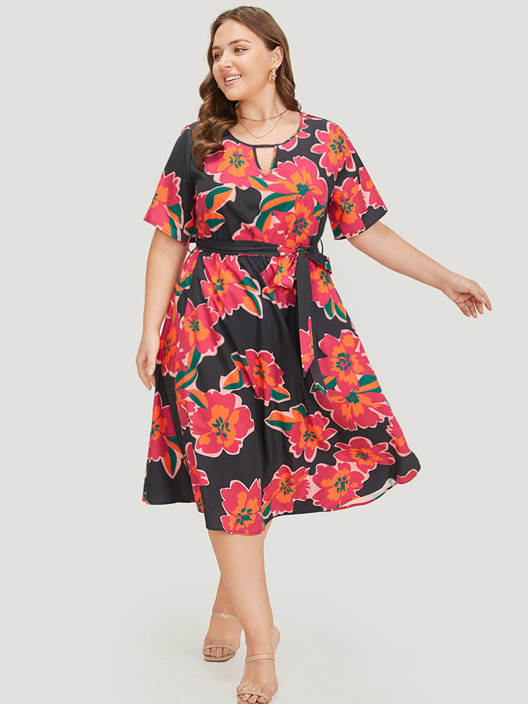 Floral Pocket Belted Keyhole Neck Midi Dress