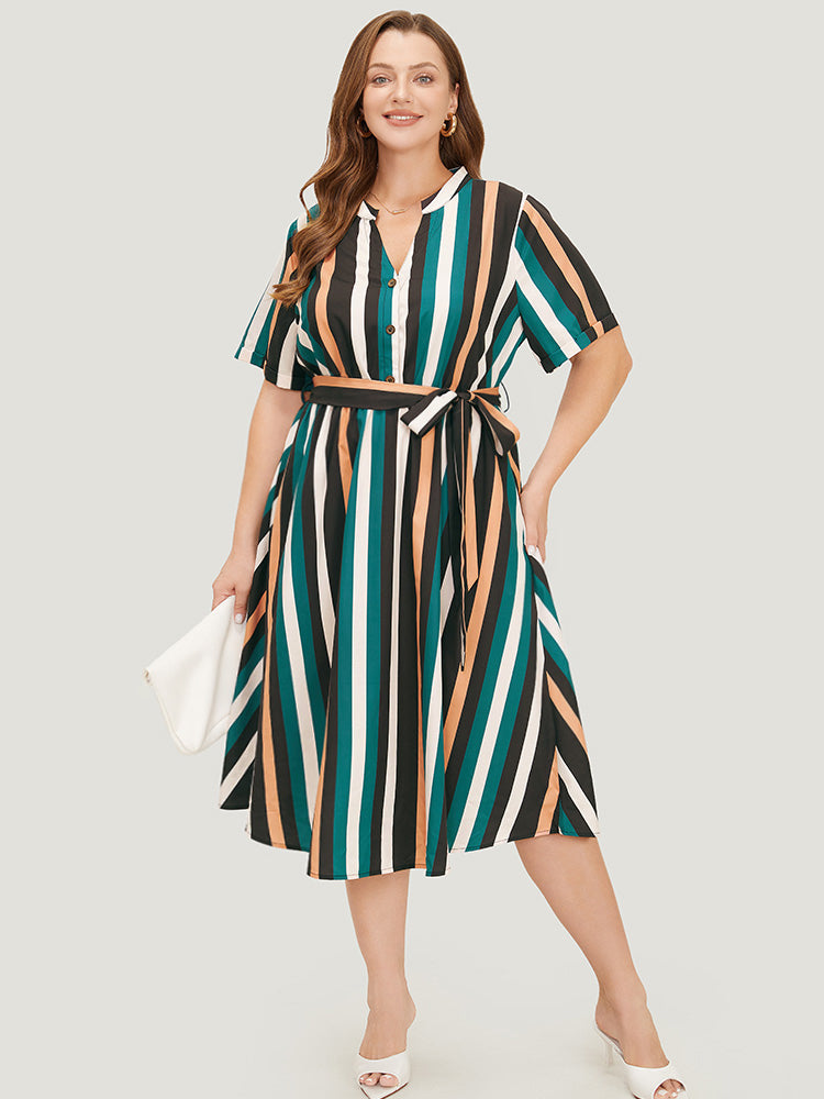 Striped Contrast Button Detail Belt Pocket Notched Dress