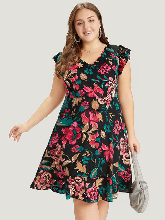 Floral Print Pocket Ruffle Dress