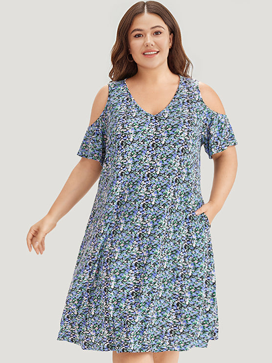 Ditsy Floral Pocket Cold Shoulder Dress