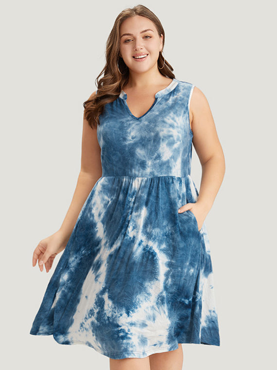 Tie Dye Notched Pocket Flutter Hem Tank Dress