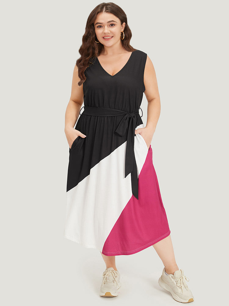 Colorblock Contrast Pocket Belted Tank Dress