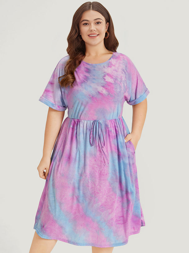 Tie Dye Pocket Bowknot Roll Sleeve Dress