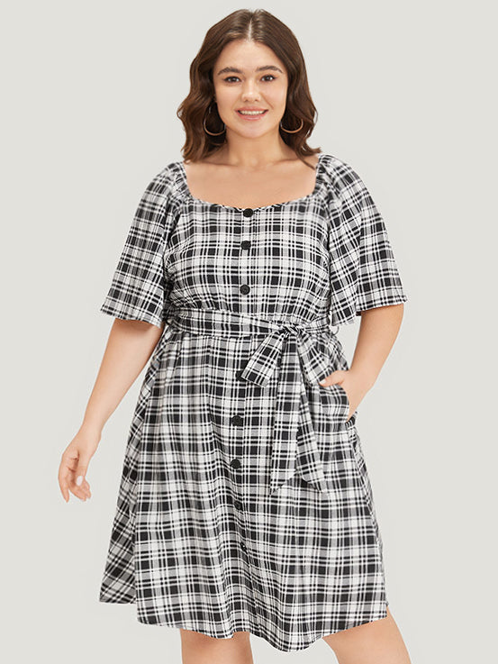 Plaid Belted Pocket Button Detail Square Neck Dress