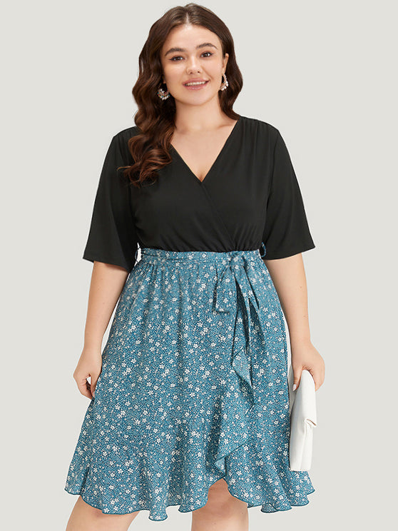 Ditsy Floral Pocket Patchwork Belted Wrap Ruffle Dress