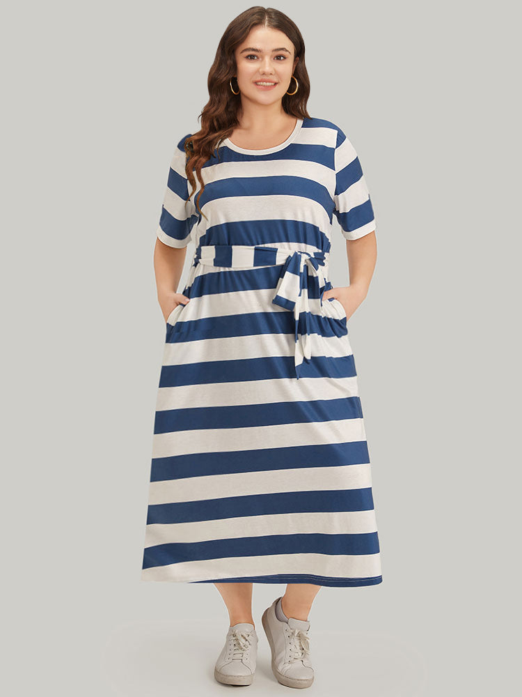 Striped Ties Pocket Crew Neck Dress