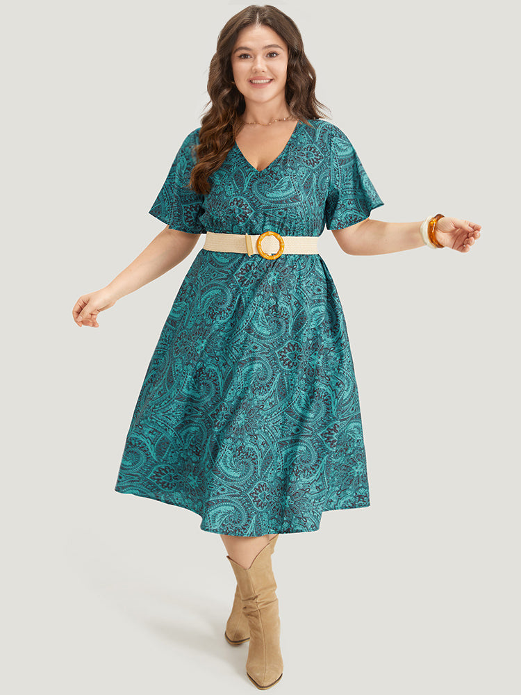 Bandana & Paisley Print Shirred Pocket Midi Dress