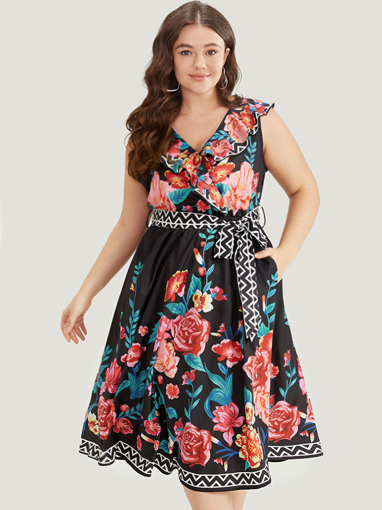 Floral Print Surplice Neck Belted Tank Dress