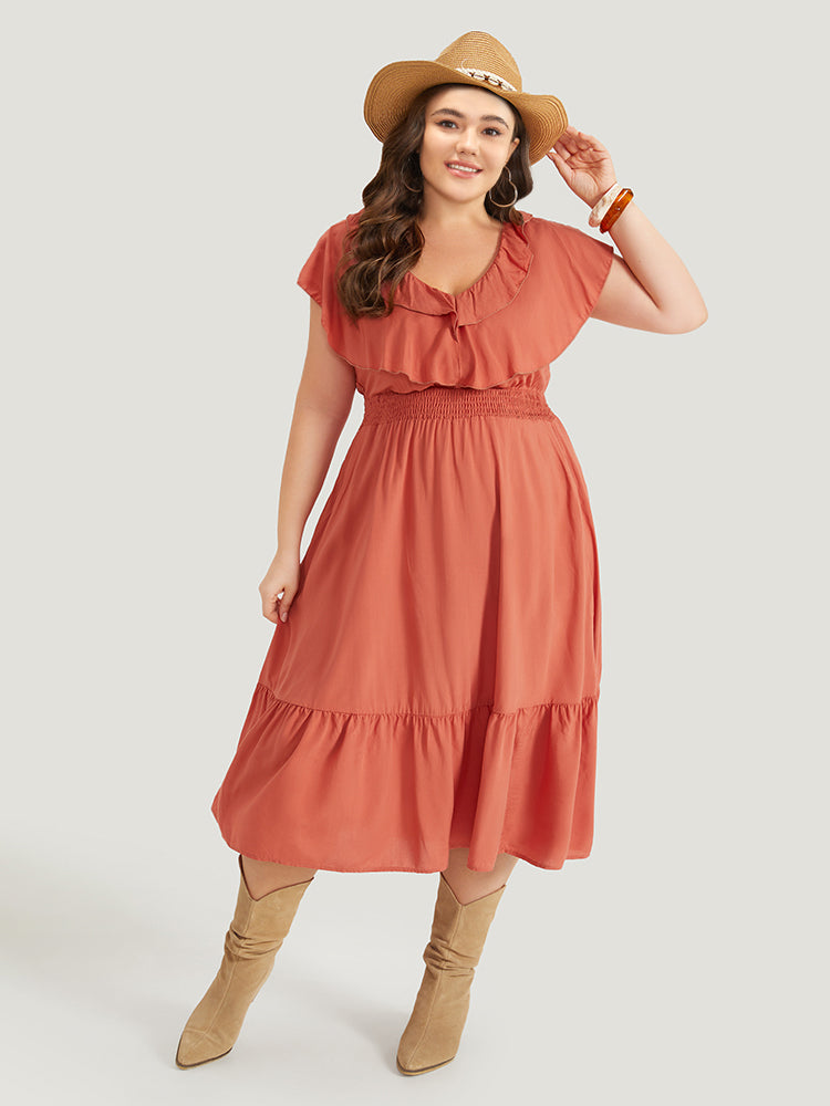 Solid Pocket Ruffle Trim Layered Shirred Dress