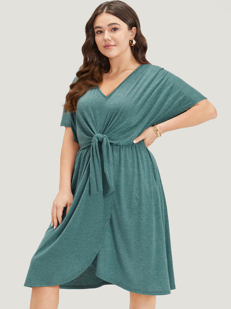 Plain Bowknot Pocket Wrap Hem V Neck Dress