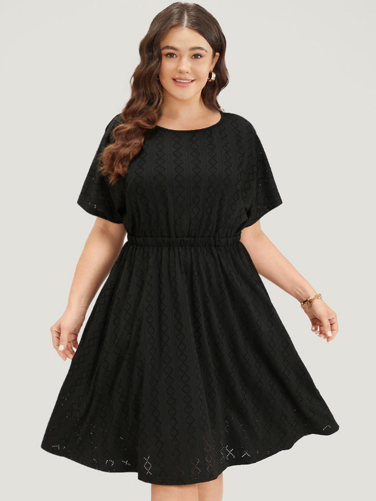 Plain Geo Eyelet Batwing Sleeve Elastic Waist Dress