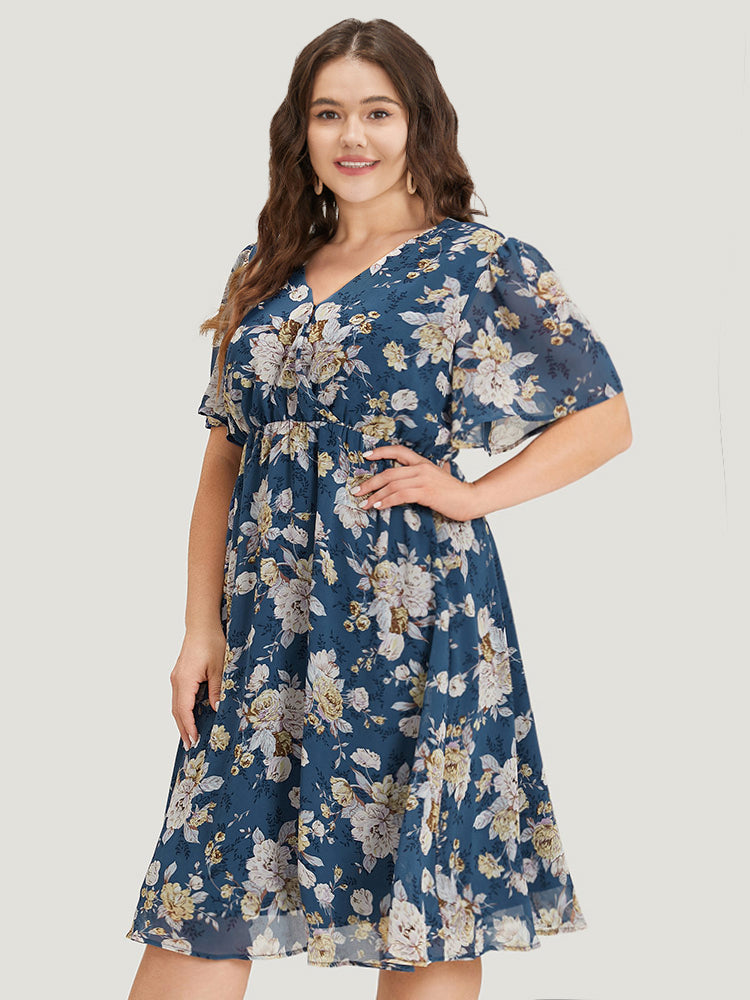 Floral Print Surplice Neck Flutter Sleeve Dress