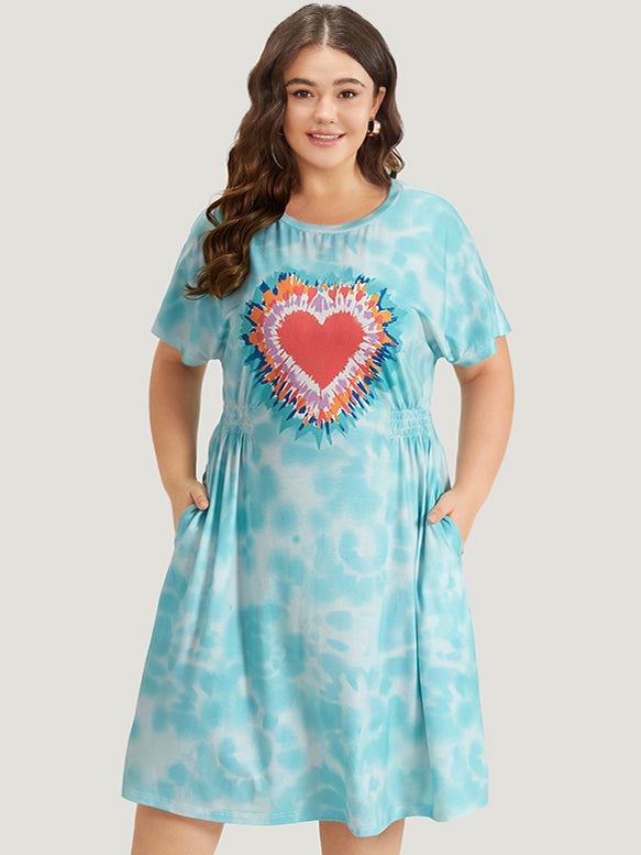 Tie Dye Heart Print Shirred Batwing Sleeve Dress