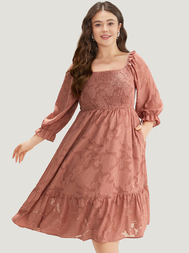 Plain Pocket Frill Trim Lantern Sleeve Dress