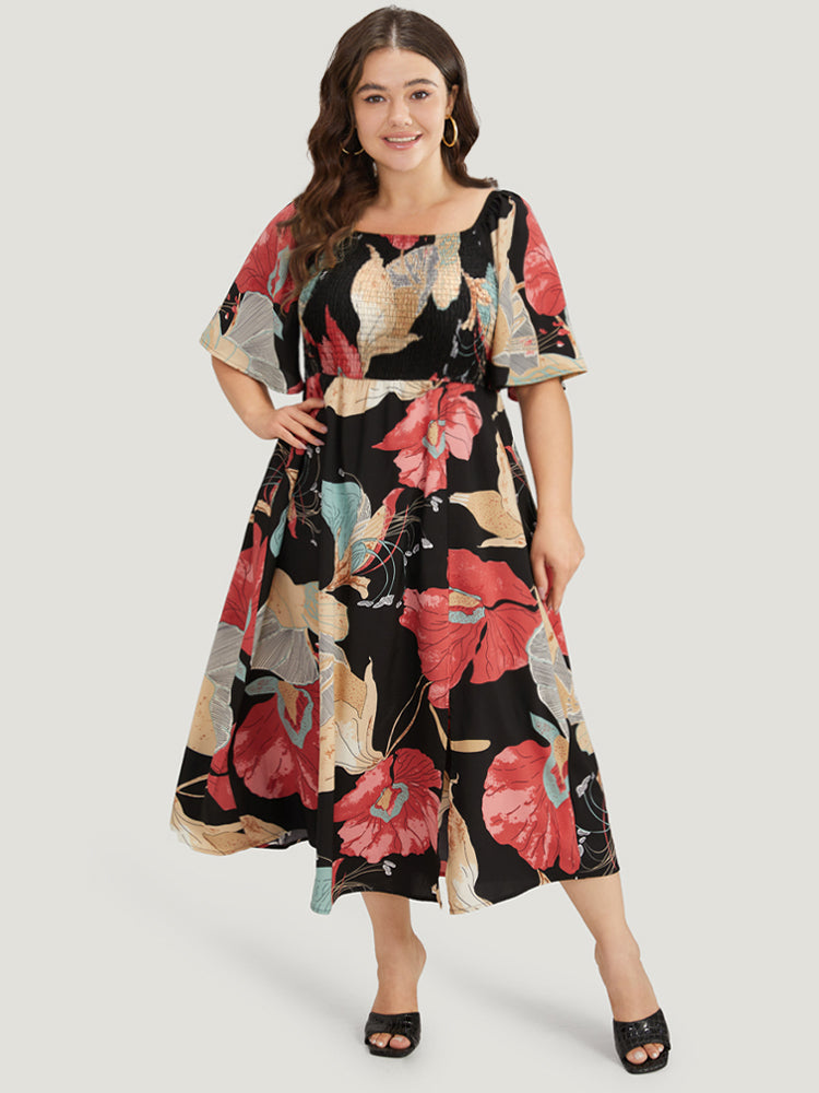 Floral Print Shirred Square Neck Flutter Hem Dress