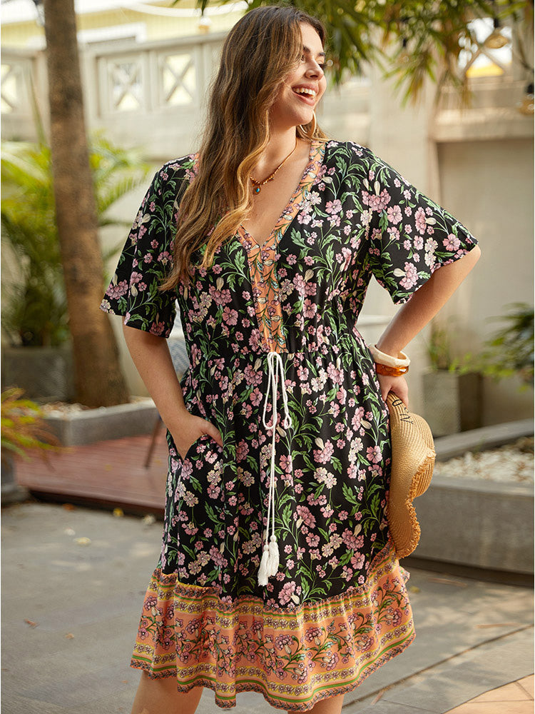 Floral Print Pocket Tassels Ties Patchwork Dress