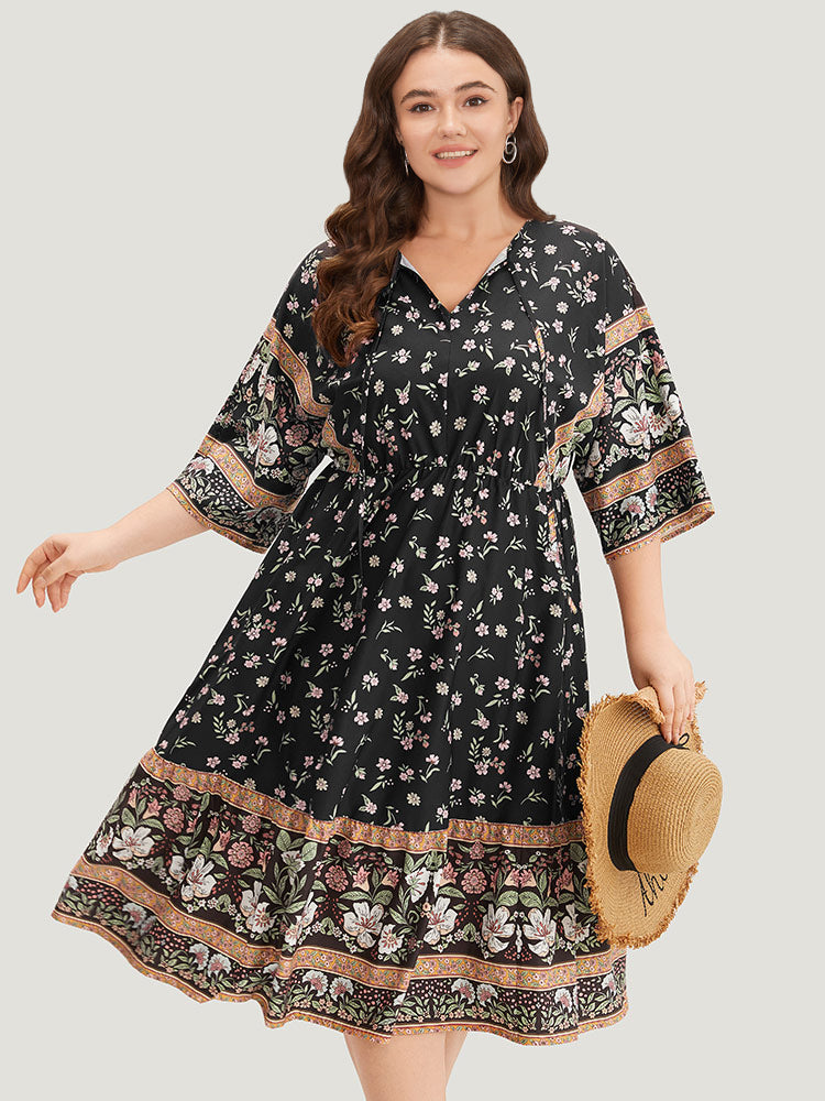 Bandana Print Tie Neck Flounce Sleeve Dress