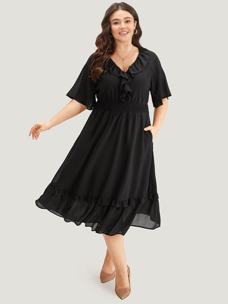 Plain Ruffle Trim Pocket Shirred Dress