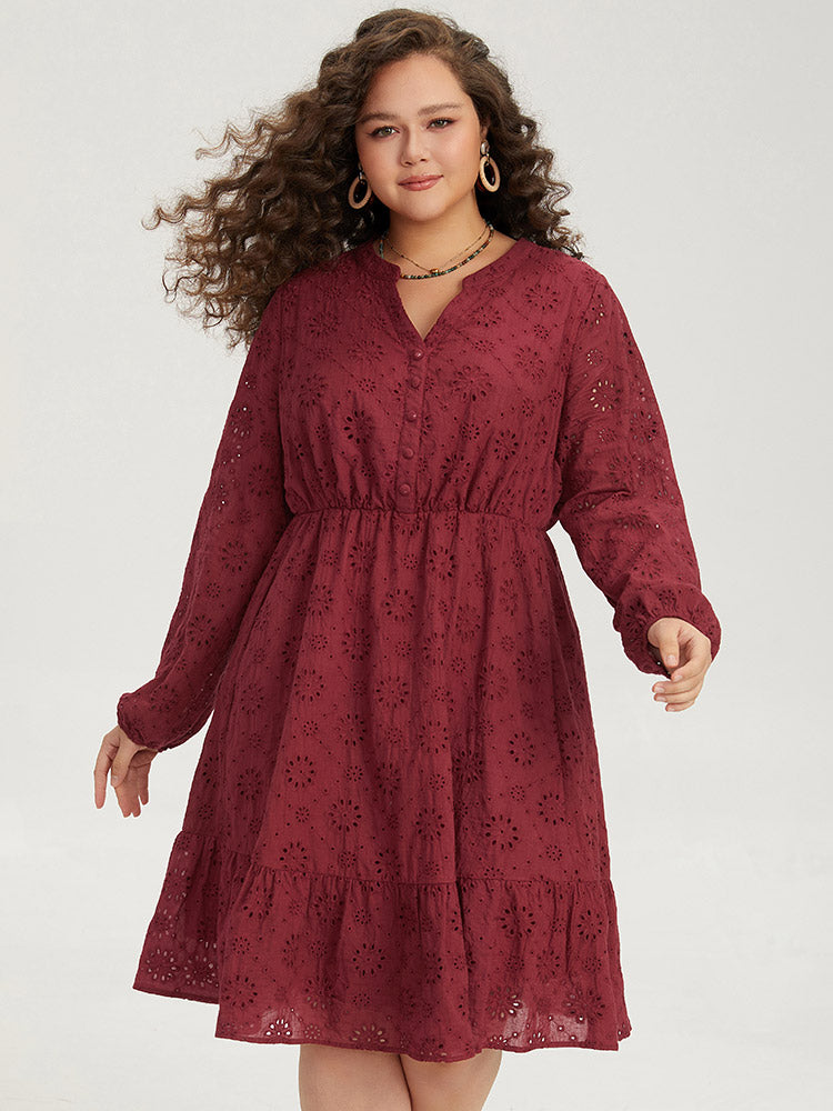 Plain Geometric Eyelet Notched Lantern Sleeve Dress