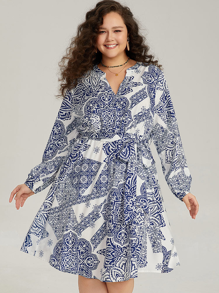 Bandana Print Notched Belted Dress