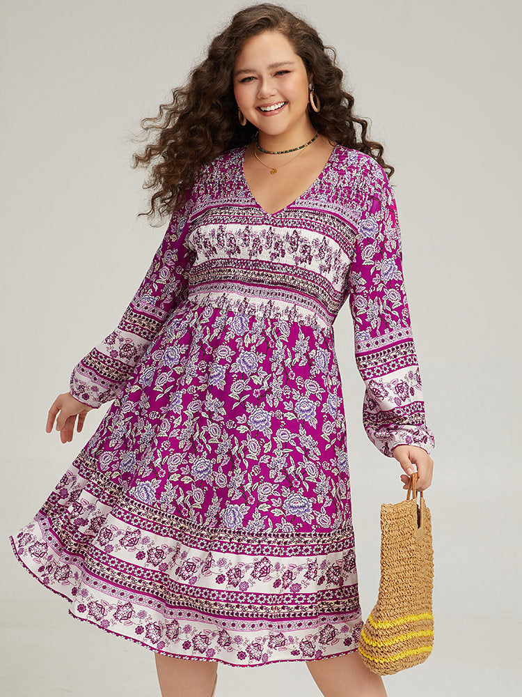 Bandana Print Pocket V Neck Shirred Dress