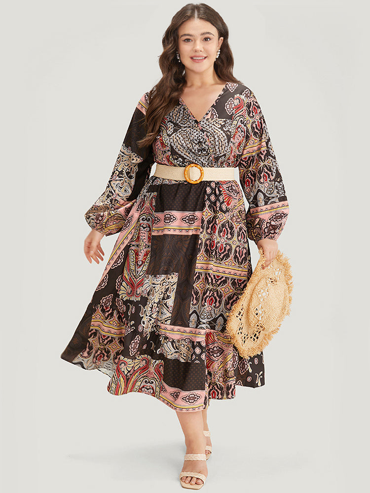 Bandana Print Wrap Pocket Lantern Sleeve Dress