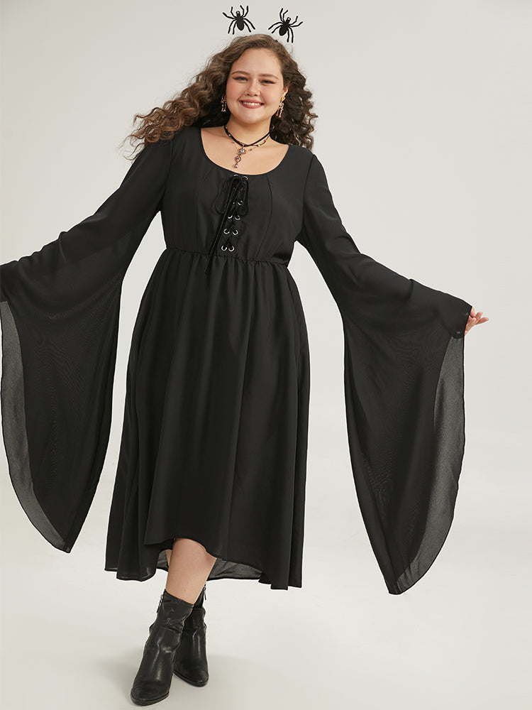 Halloween Plain Lace Up Bell Sleeve Dress