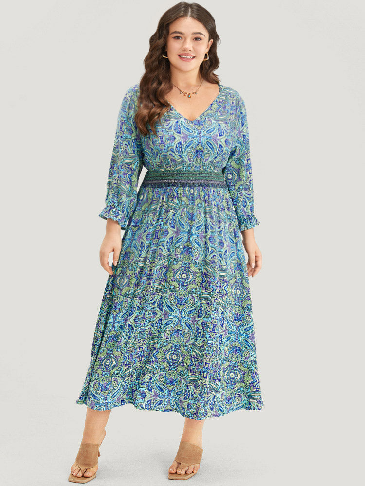 Paisley Print Shirred Flutter Trim Dress